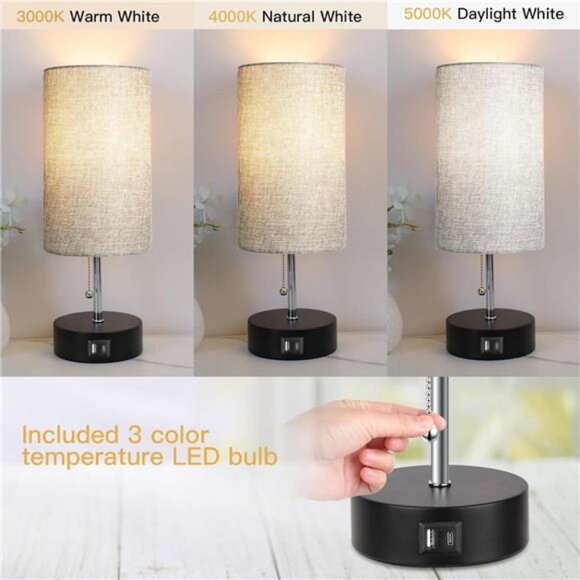 3-Color Temperature Bedside Lamp Nightstand Lamp with USB A Port and C Port - Picture 3 of 7